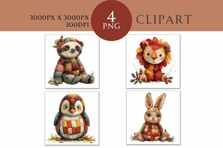Christmas and Autumn Whimsical Patchwork Watercolor Clipart