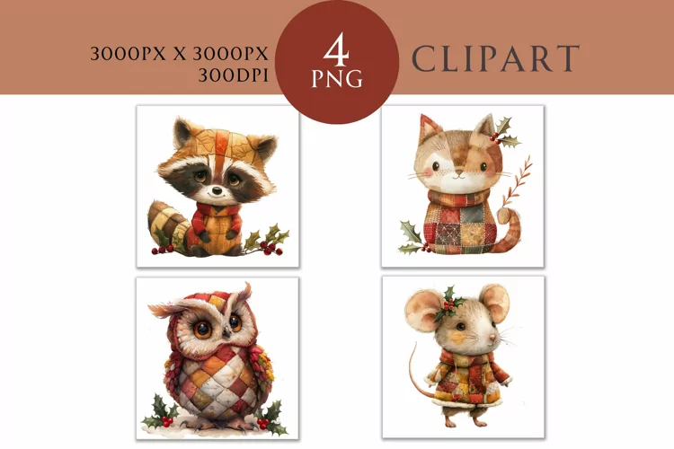 Christmas and Autumn Whimsical Patchwork Watercolor Clipart