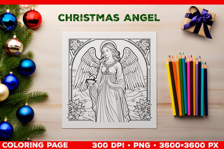 Festive Christmas Angel Coloring Page. Christmas Angel PNG