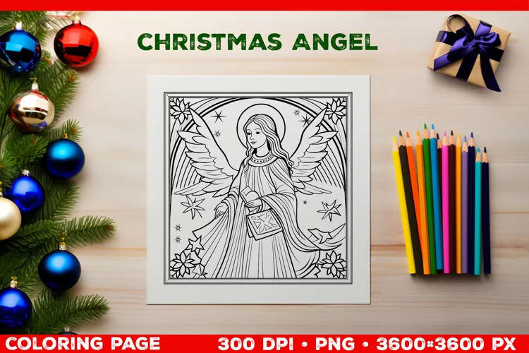 Festive Christmas Angel Coloring Page. Christmas Angel PNG