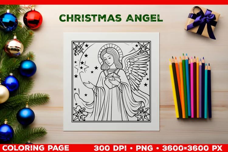 Festive Christmas Angel Coloring Page. Christmas Angel PNG