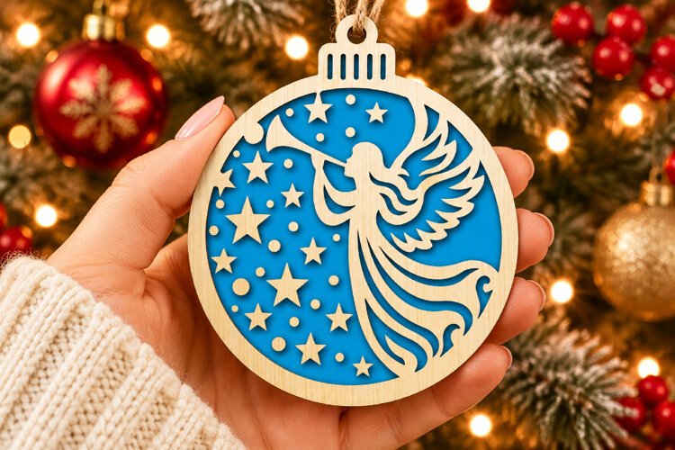 Christmas Angel Ornament SVG, Laser Cut Bauble Stars example image 1