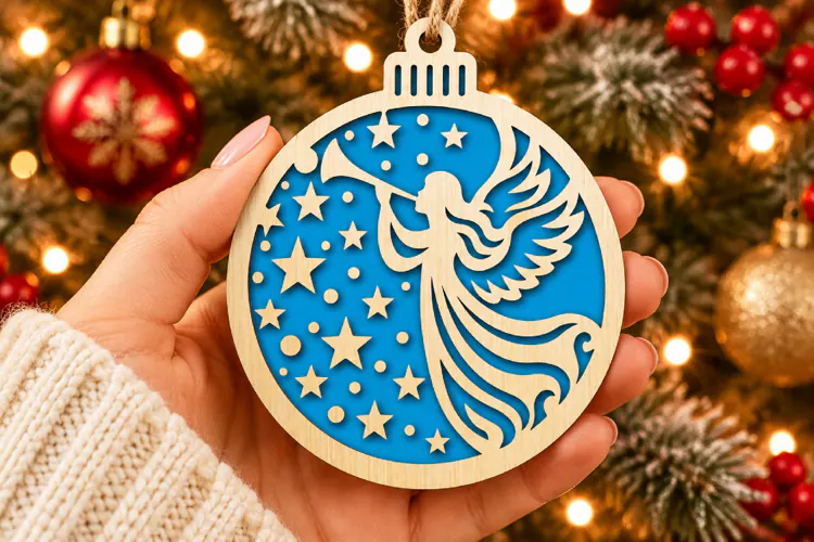 Christmas Angel Ornament SVG, Laser Cut Bauble Stars
