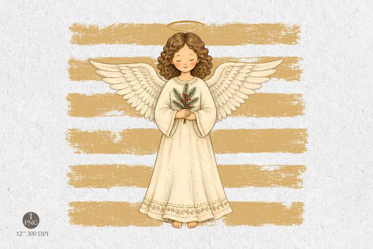Christmas Angel PNG, Vintage Angel with Golden Stripes