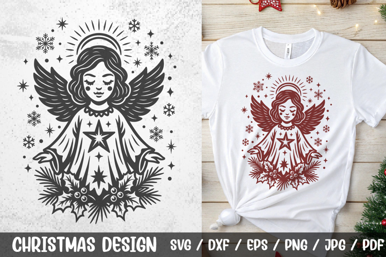 Christmas Angel SVG | Vintage Angel with Star and Snowflakes