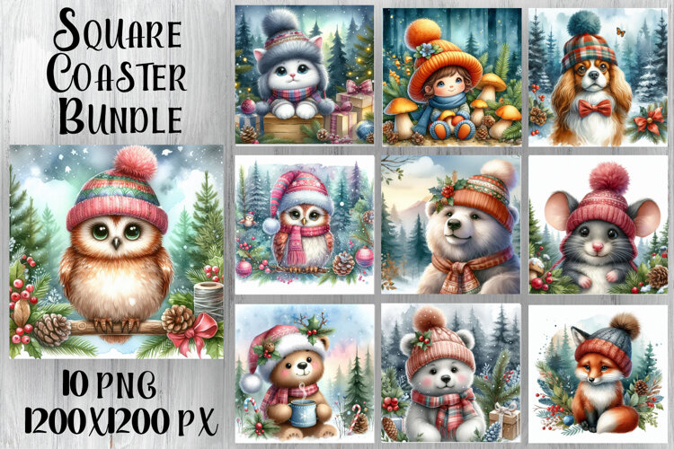 Vintage Christmas Sublimation, animal square Coaster Design example image 1