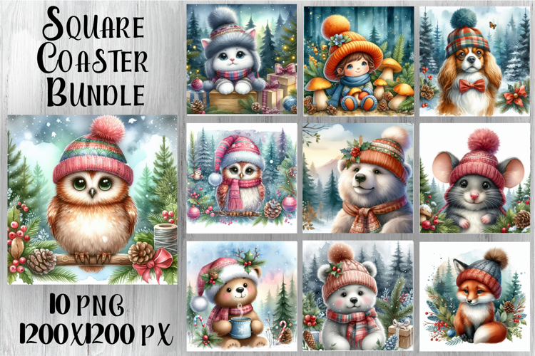 Vintage Christmas Sublimation, animal square Coaster Design