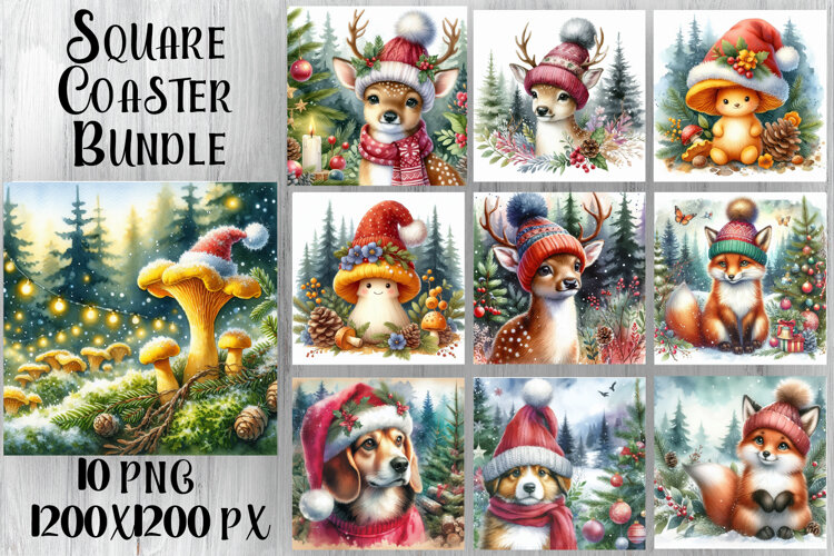 Vintage Christmas Sublimation, animal square Coaster Design example image 1
