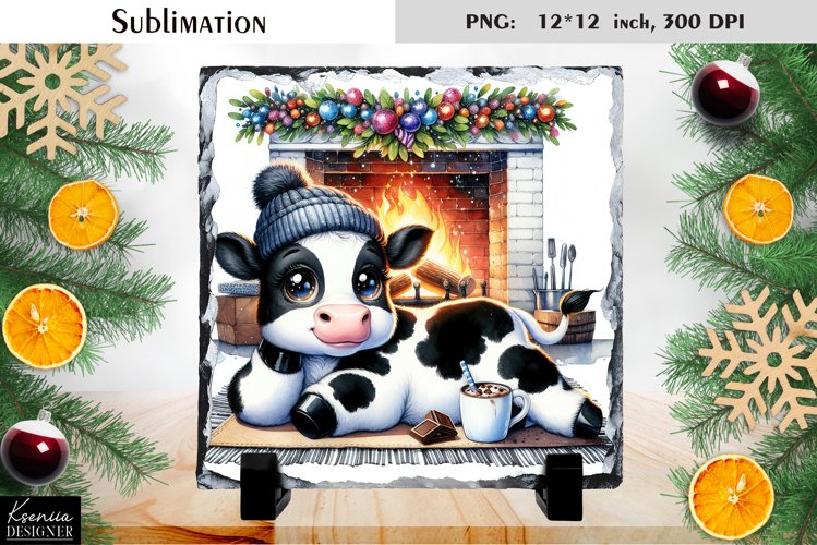 Christmas Watercolor Cow Sublimation|Cute Slate Design example image 1