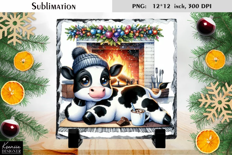 Christmas Watercolor Cow Sublimation|Cute Slate Design