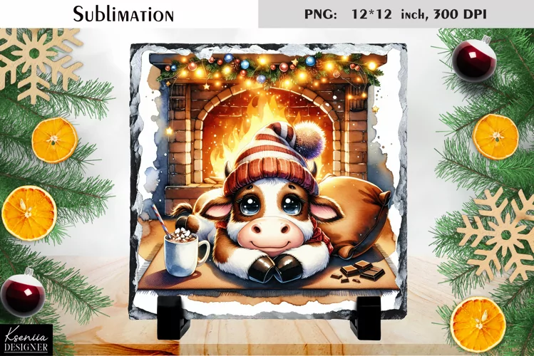 Christmas Watercolor Cow Sublimation|Cute Slate Design