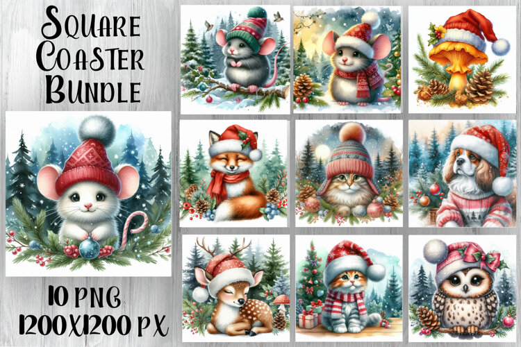 Vintage Christmas Sublimation, animal square Coaster Design example image 1
