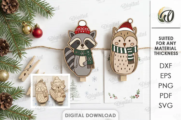 Christmas Animal Clothespin Magnets Laser Cut. Christmas SVG