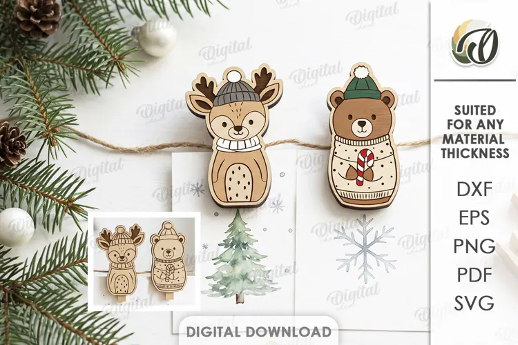Christmas Animal Clothespin Magnets Laser Cut. Christmas SVG