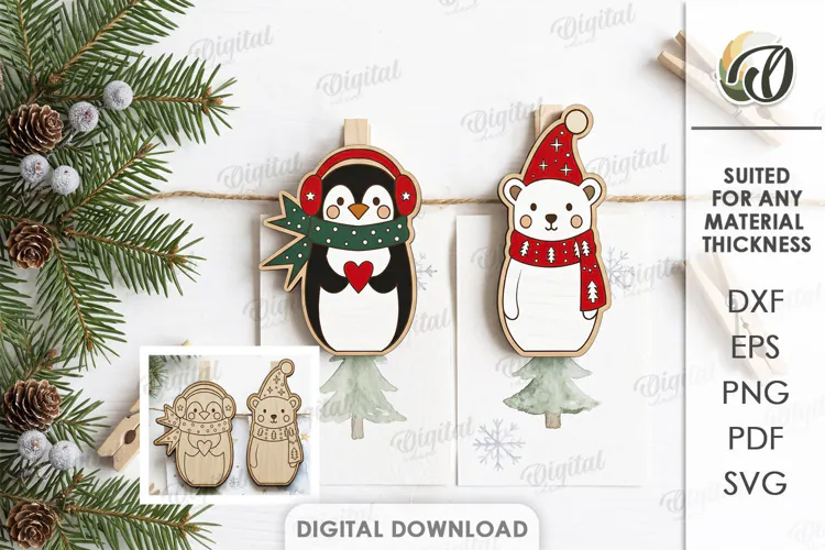 Christmas Animal Clothespin Magnets Laser Cut. Christmas SVG