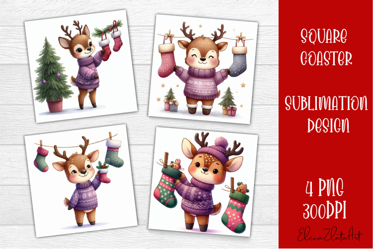 Funny christmas deer square coasters, Animals sublimation