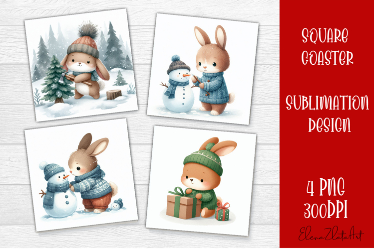 Funny christmas bunny square coasters, Animals sublimation