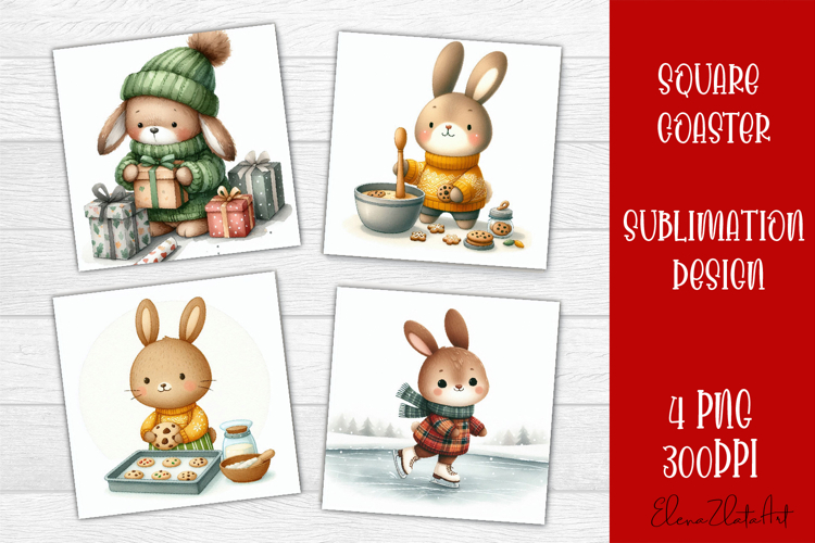 Funny christmas bunny square coasters, Animals sublimation