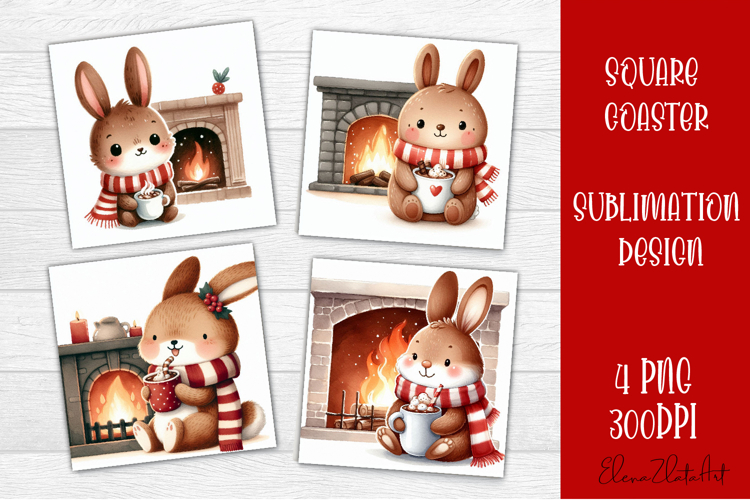 Funny christmas bunny square coasters, Animals sublimation
