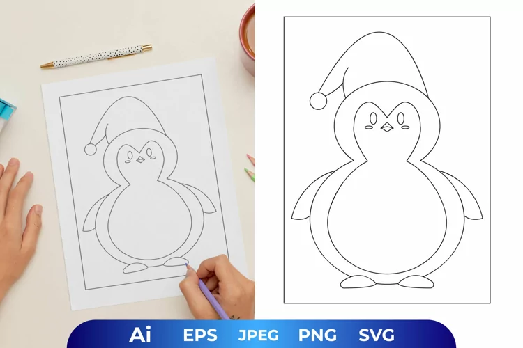 Penguin Wearing Christmas Hat Coloring Page
