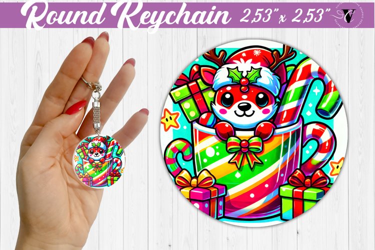 Round Keychain | Christmas Animal in Mug | Rainbow