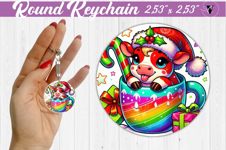 Round Keychain | Christmas Animal in Mug | Rainbow