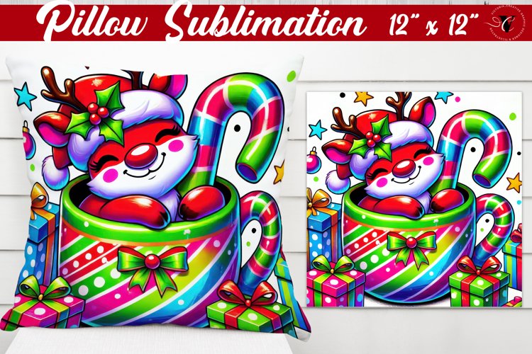 Pillow sublimation | Christmas Animal in Mug | Rainbow
