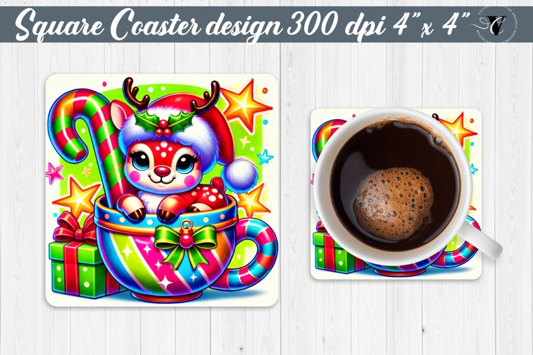Square Coasters | Christmas Animal in Mug | Rainbow Animals