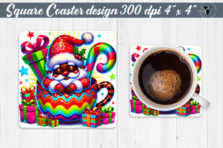 Square Coasters | Christmas Gnome in Mug | Rainbow Gnome