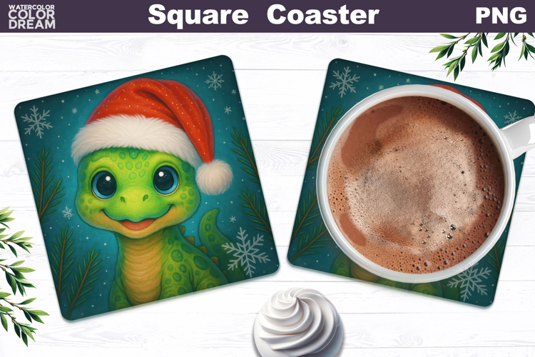 Christmas Animal Square Coaster | Baby Dinosaur Santa Hat