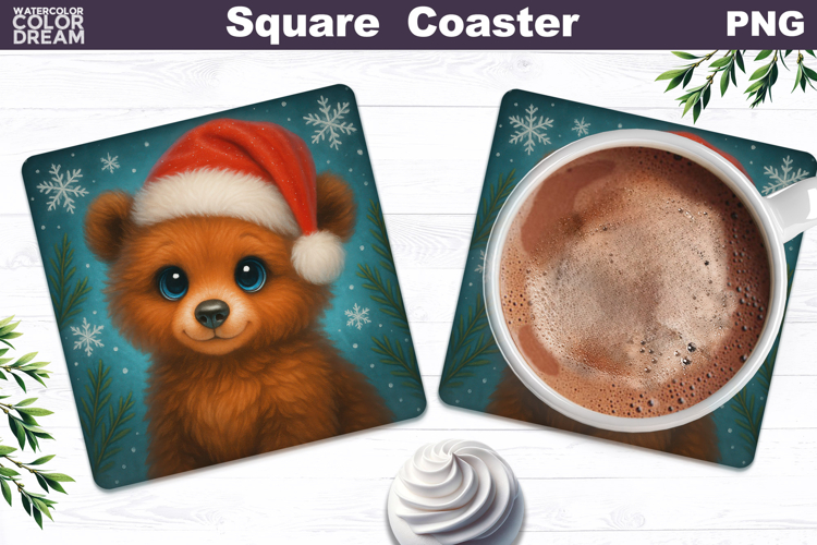 Christmas Animal Square Coaster | Baby Bear Santa Hat