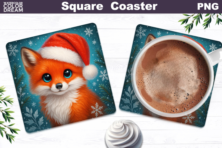 Christmas Animal Square Coaster | Baby Fox Santa Hat