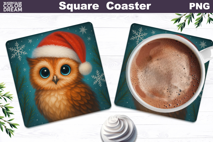 Christmas Animal Square Coaster | Baby Owl Santa Hat