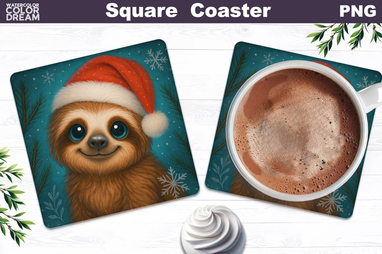 Christmas Animal Square Coaster | Baby Sloth Santa Hat