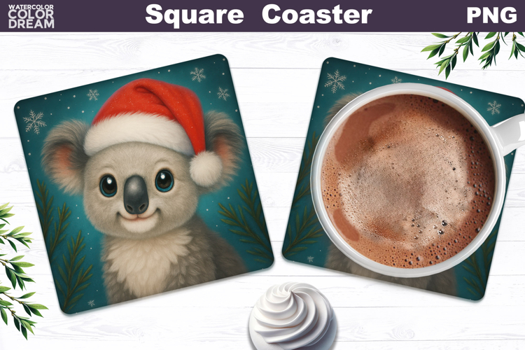 Christmas Animal Square Coaster | Baby Koala Santa Hat