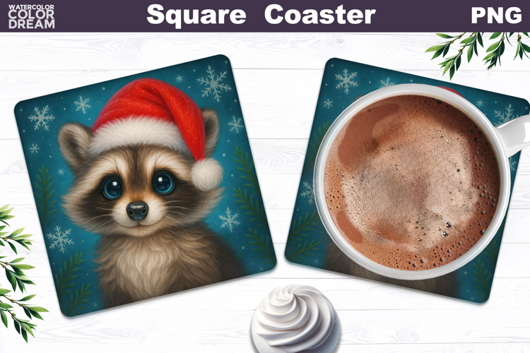 Christmas Animal Square Coaster | Baby Raccoon Santa Hat