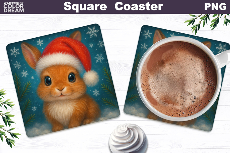 Christmas Animal Square Coaster | Baby Bunny Santa Hat