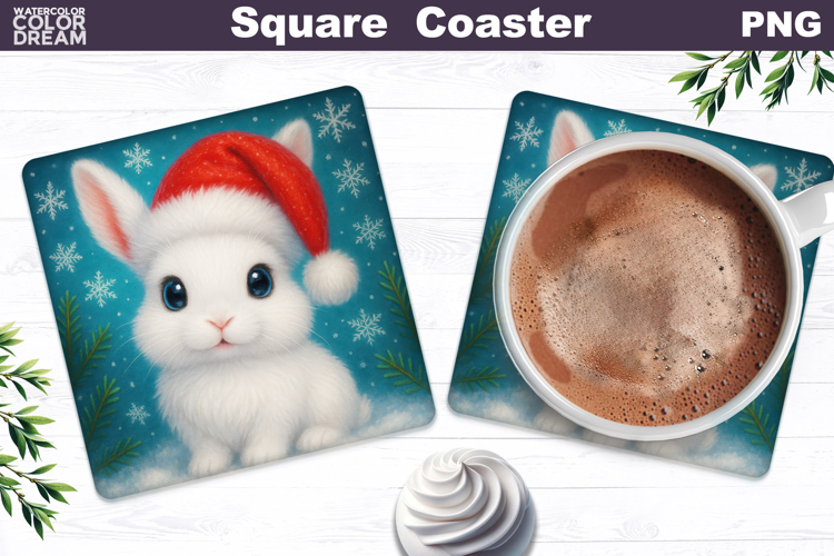 Christmas Animal Square Coaster | Baby Bunny Santa Hat