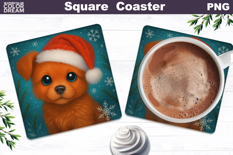 Christmas Animal Square Coaster | Baby Puppy Santa Hat