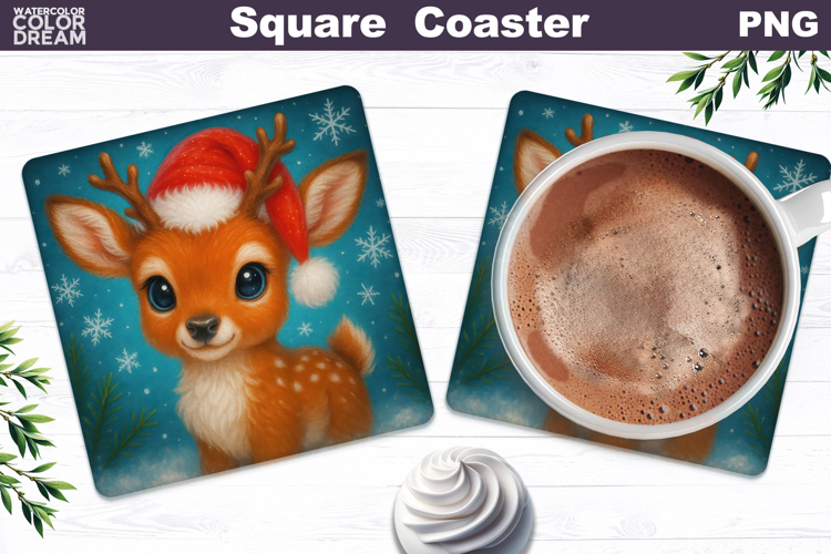 Christmas Animal Square Coaster | Baby Reindeer Santa Hat