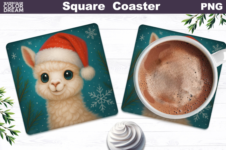 Christmas Animal Square Coaster | Baby Lama Santa Hat