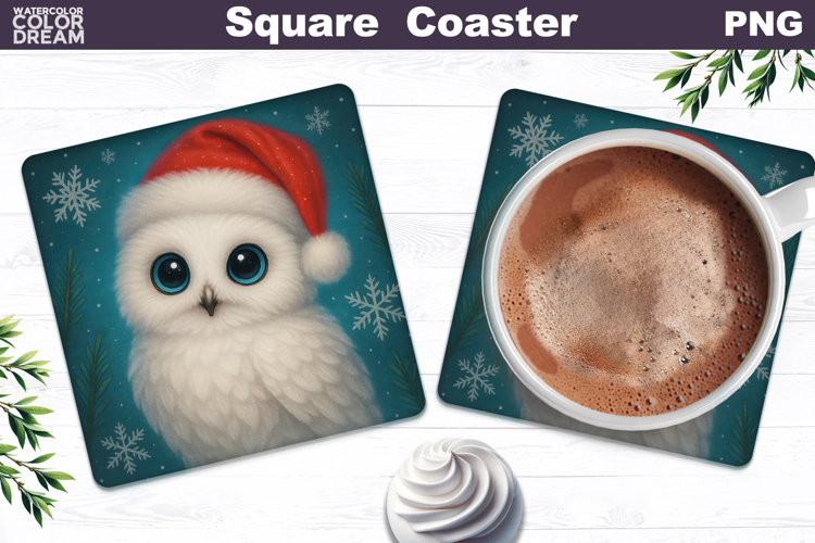 Christmas Animal Square Coaster | Owl Santa Hat