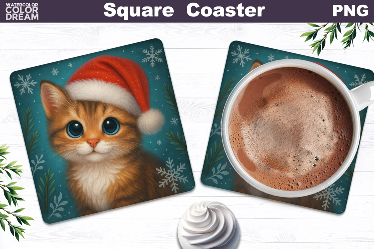 Christmas Animal Square Coaster | Cat Santa Hat