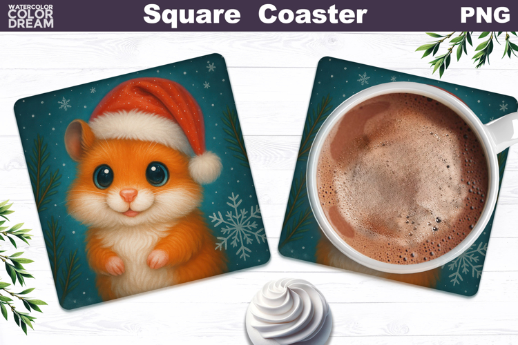 Christmas Animal Square Coaster | Hamster Santa Hat