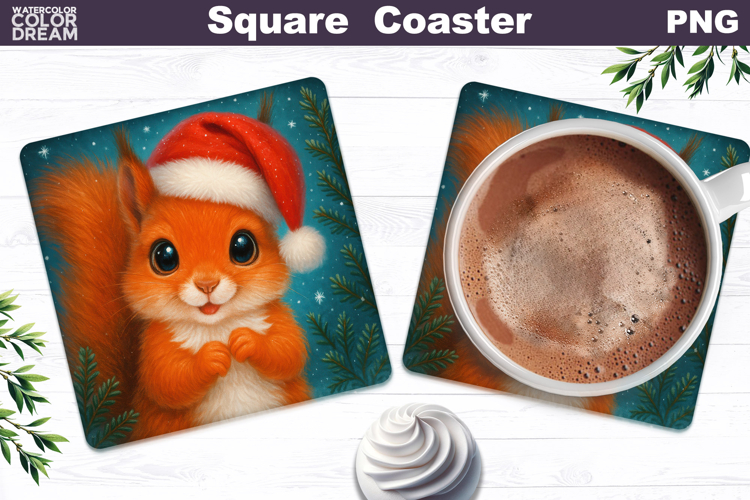 Christmas Animal Square Coaster | Squirrel Santa Hat