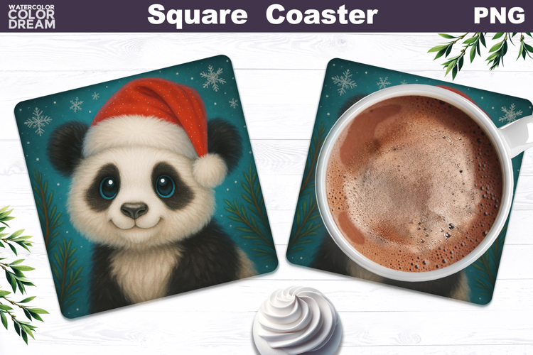 Christmas Animal Square Coaster | Panda Santa Hat