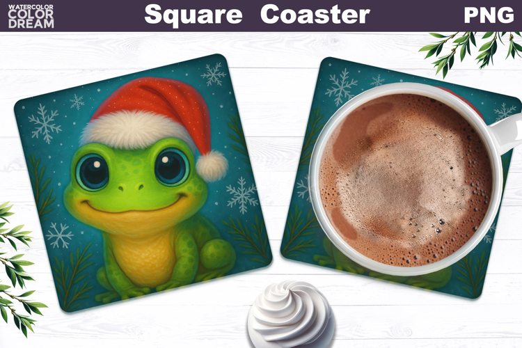 Christmas Animal Square Coaster | Frog Santa Hat