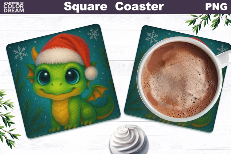Christmas Animal Square Coaster | Baby Dragon Santa Hat