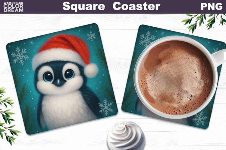 Christmas Animal Square Coaster | Penguin Santa Hat