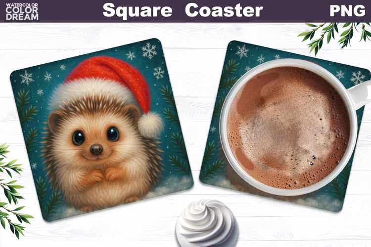 Christmas Animal Square Coaster | Hedgehog Santa Hat
